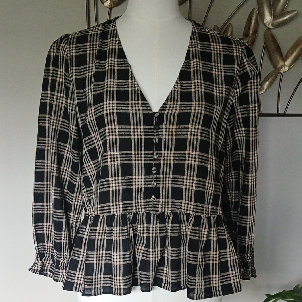 Black and Tan Plaid Blouse with Peplum - Madewell